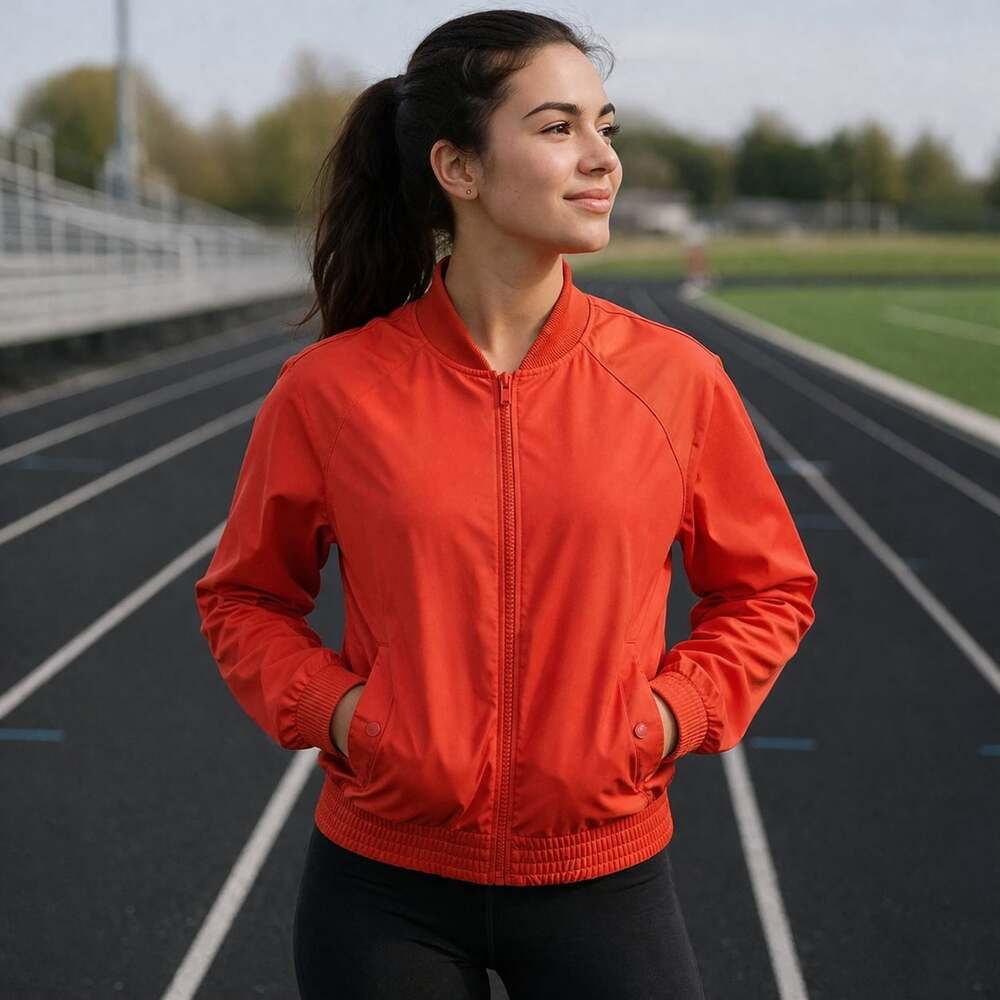 Fabletics Women's Red/Orange Satin Bomber Track Jacket‎